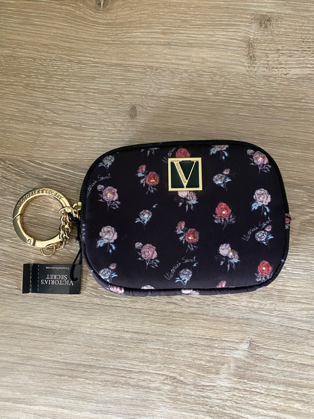Victoria's Secret Black Floral Keychain Pouch with Gold Hardware